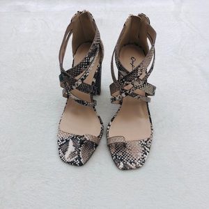 Beige and Brown Snake Crisscross Toe-Strap Sandals